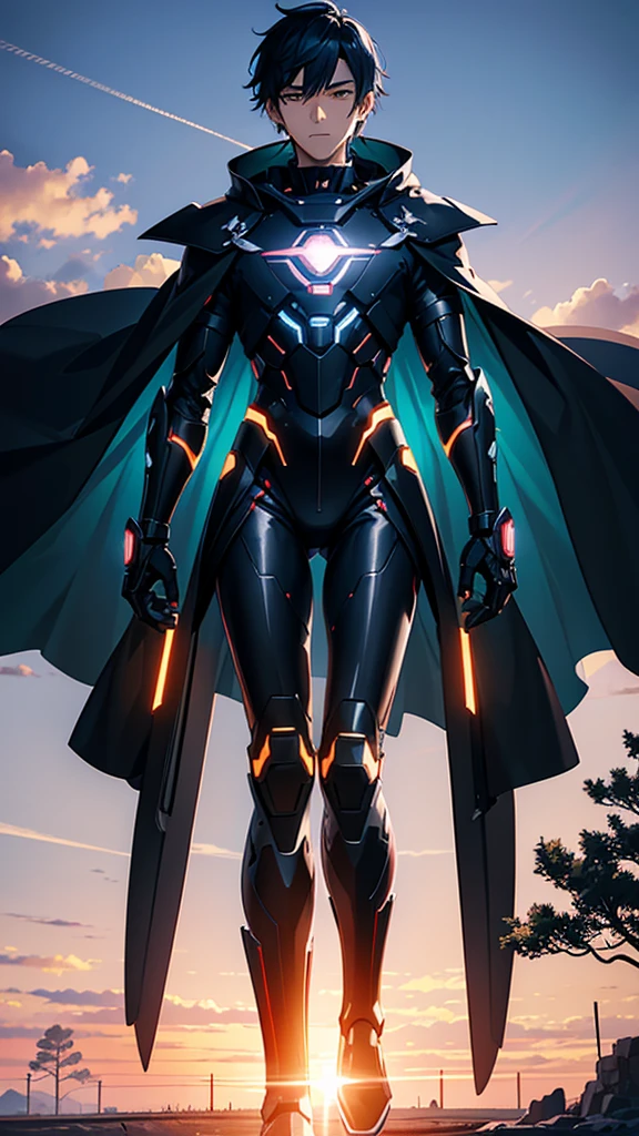 Sunset sky Style, a large black monster standing, futuristic style, Atey Ghailan and Moebius styles, creating an atmosphere that reflects high-tech aesthetics. Surrounded by outer space , Japanese anime style, Gaming texture, wearing a futuristic cybernetic mech suit A pair of angel, A close up of A man Person Standing, Walking Facing Right, a Mouth Smile, Boys a very scared expression, frowning and trembling, Black with Blue Japanese Hairstyles For Men, Yellow_Eyes, skill Hands Right, Blue thunder Effect light, Blue flames, cool, High, a anime Highest style, Blue Hair, powerful, T-shirts, Color cape Blue, a in cool Realistis, a background sunset Buram Perbesaran, digital anime style, sunset, UHD, Lens flare, digital Style, 5D_2D, 5D style, 3d cg rendering, background of a forest in a sunset, HD Best quality beautiful scenery, high resolution, high quality, high detail, stunning photography, in the style of Pixar animation