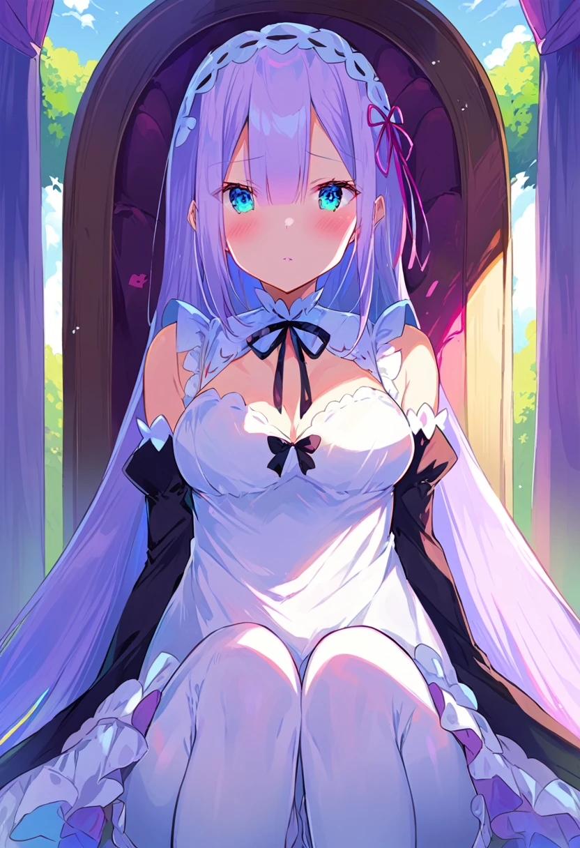 masterpiece:1.2, highest quality, ((super detailed)), High resolution, 2D, anime style , photograph, photographgraphy, detailed background ,1 girl, alone, cowboy shot,smile, emilia,white dress,cleavage, pleated skirt, wide sleeve, white stockings, hair flower, purple ribbon, white skirt, (long hair tied low), (forest)、((Cowgirl Position Sex:1.5))、((Girl straddling guys:1.5))、((penis in vagina:1.5))、((Semen from the female genitals:1.2))、((fat man:1.2))