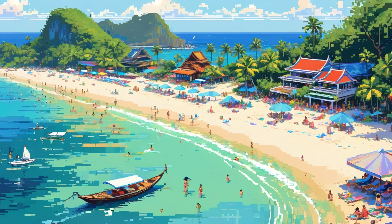 Pixel art,Thai Artist、Gil Vrubel uses colorful brushstrokeidsummer beach。Resort Mood。