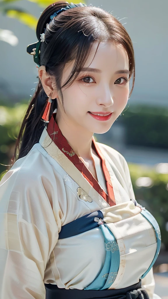1 girl, national foundation, (hotel background), ((32k, raw, masterpiece: 1.5)), (Professional photography, sharp:1.2), Perfect dynamic composition, (Natural sun light), (soft shadow), (Perfect body:1.4), (((skinny figure))), ((huge round breasts: 1.2)), (((((black ponytail hair))))), Ultra-detailed faces and skin, perfect asian, White skin, (Delicate skin:1.4), (latex skin:0.4), (perfect glowing skin:0.6), light brown eyes, beautiful eyes, round eyes, pretty face, blush, glossy lips, glossy eyes, Perfectly proportioned face, Really moist skin, Refined expression, (((huge smile at the camera))), looking at camera, Refined expression, Elegant necklace, Elegant earrings, minimalist, ((((blue and red hanfu))))