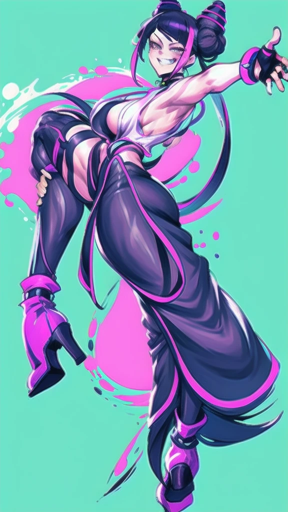 Full body image of Juri Han from Street Fighter 6, wearing her original outfit (purple and black bodysuit with pink accents, high boots, and fingerless gloves), short black hair styled in twin buns, female body, athletic and flexible body, dynamic pose, detailed pose, simple background, expressive face showing a mischievous grin, focus on face, line art, sketch.
