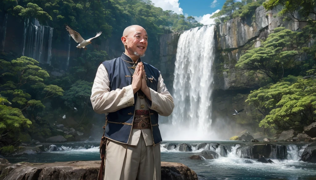 A middle-aged rather thin oriental man with a bald short beard puts his hands together，Showing goodbye，Eyes looking into the camera，Wearing a two-piece light-colored Chinese dress，Standing in the forest with waterfall，There are birds flying，There are white clouds in the blue sky，There is a rainbow above the waterfall，Beautiful and high-definition picture，The details are very clear，With depth of field