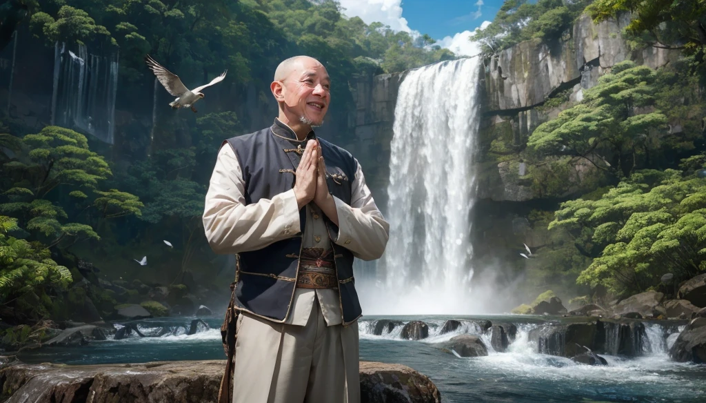 A middle-aged rather thin oriental man with a bald short beard puts his hands together，Showing goodbye，Eyes looking into the camera，Wearing a two-piece light-colored Chinese dress，Standing in the forest with waterfall，There are birds flying，There are white clouds in the blue sky，There is a rainbow above the waterfall，Beautiful and high-definition picture，The details are very clear，With depth of field