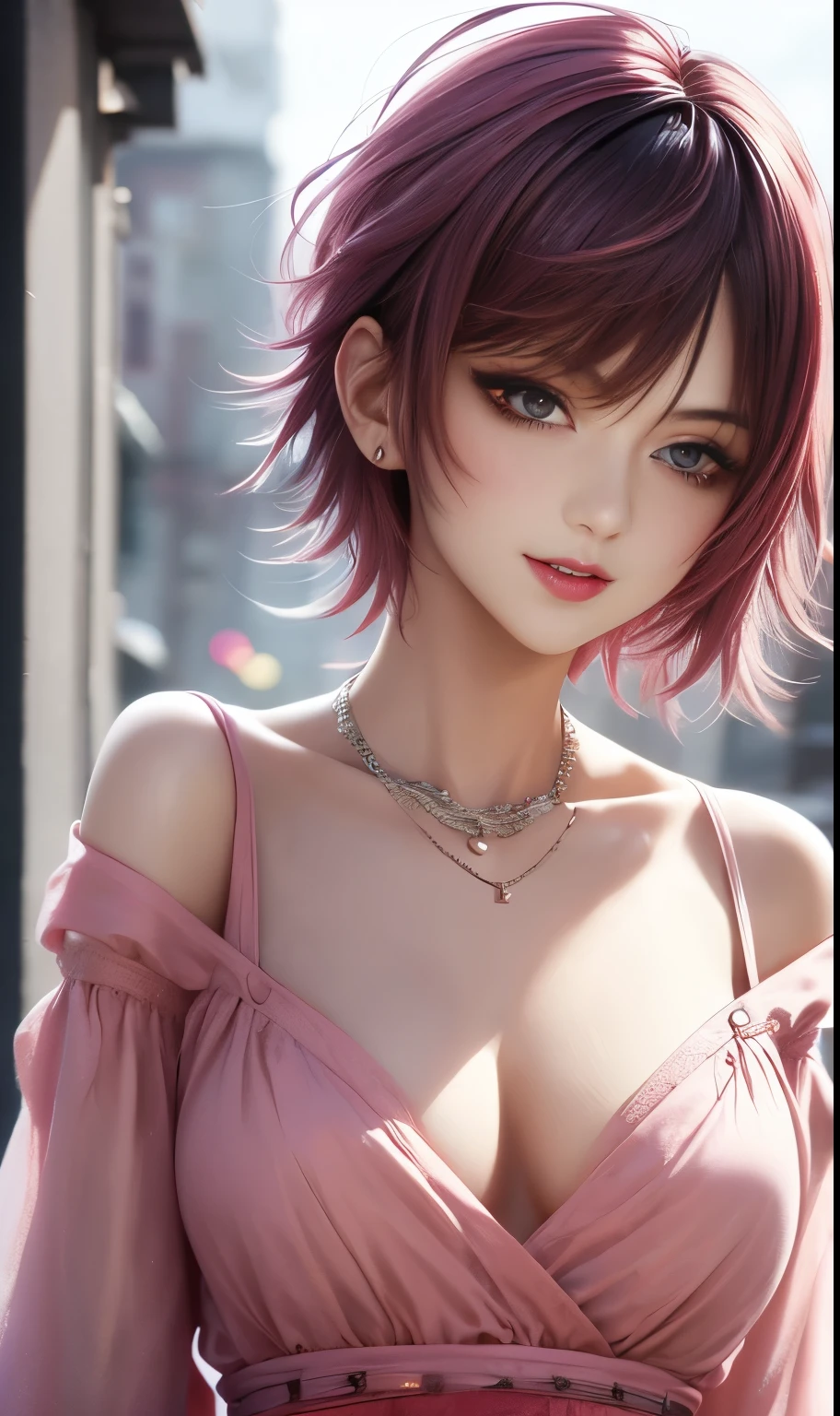 masterpiece, top-quality, ((1womanl)), Adults, different color, finely eye and detailed face, intricate detailes, Casual clothing, window, A smile, Happiness, tenderness, high-level image quality、 selfee, Beautuful Women、tall、The upper part of the body、nightfall, nighttime scene、𝓡𝓸𝓶𝓪𝓷𝓽𝓲𝓬、Korea person, Idol Photos, k pop, Professional Photos, Vampires, Korean fashion in black and white, Fedoman with necklace, inspired by Sim Sa-jeong, androgynous vampire, :9 detailed face: 8, extra detailed face, detailed punk hair, ((eyes are brown)) baggy eyes, Seductive. Highly detailed, semi realistic anime, Vampires, hyperrealistic , Delicate androgynous princess, imvu, ((short hair woman)), Pink hair woman with wild look, ((Woman with short pink hair)), ((1人))