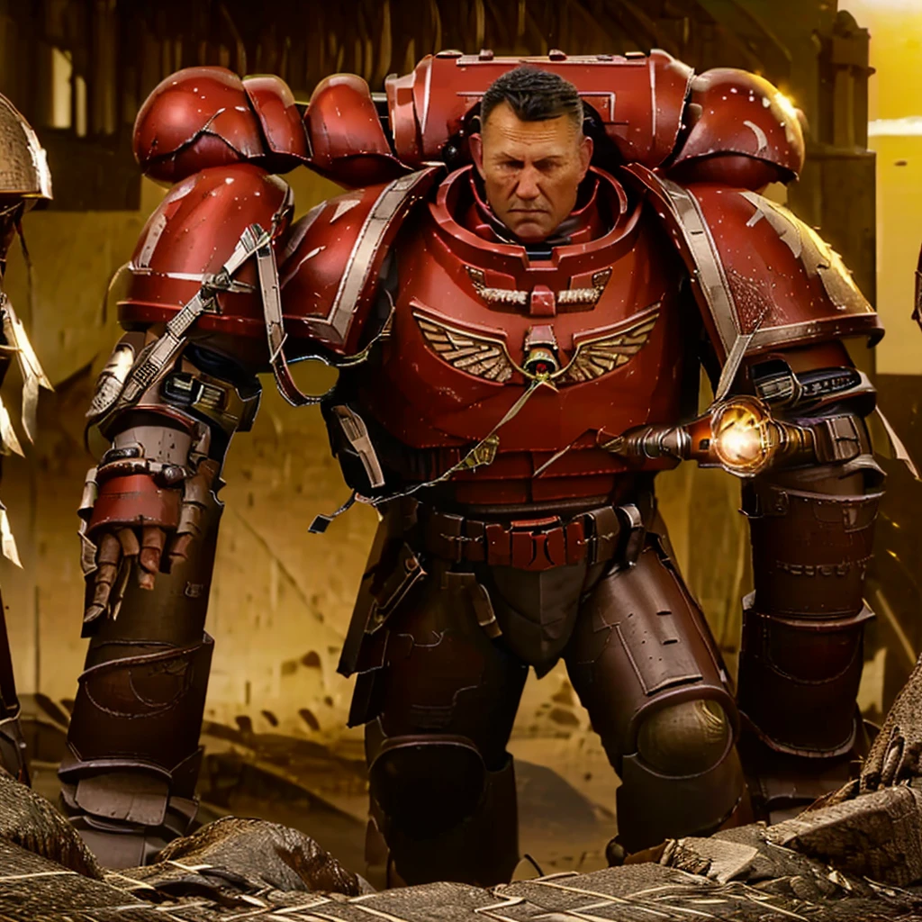 volumetric cinematic lighting, (highly detailed:1.4), digital render, smooth, sharp focus, full body 8k render, action shot, realistic reflections, cinematic composition, 
 calgar, solo, 1boy, middle aged man, military man, bionic eye, cape, ammunition belt, arm cannon, one glowing red eye, power fist, pauldron, iron halo, poised, 
jumping, clenched fist, ready to punch, fury, anger, 
 