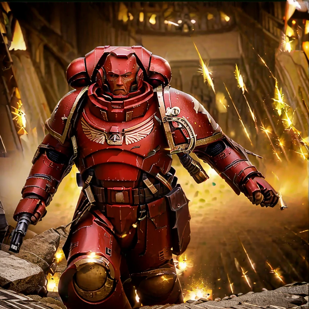 volumetric cinematic lighting, (highly detailed:1.4), digital render, smooth, sharp focus, full body 8k render, action shot, realistic reflections, cinematic composition,
calgar, solo, 1boy, middle aged man, military man, bionic eye, cape, ammunition belt, arm cannon, one glowing red eye, power fist, pauldron, iron halo, poised,
jumping, clenched fist, ready to punch, fury, anger,