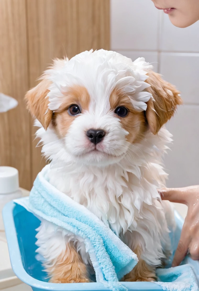 The moment a puppy gets its first shampoo。Although she looks a little anxious、The sight of the foam covered、She looks so cute being dried off with a towel after a bath.。