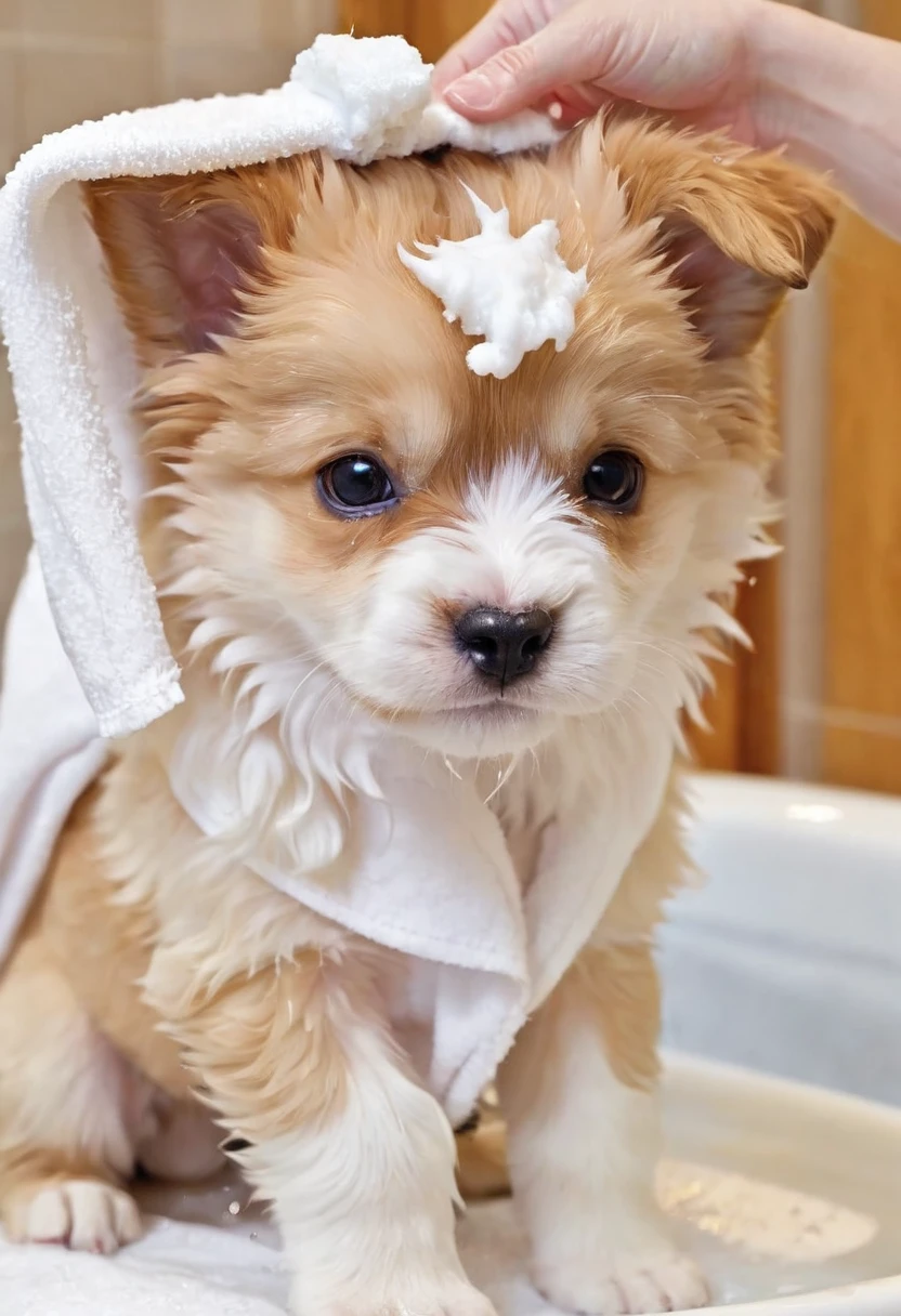 The moment a puppy gets its first shampoo。Although she looks a little anxious、The sight of the foam covered、She looks so cute being dried off with a towel after a bath.。