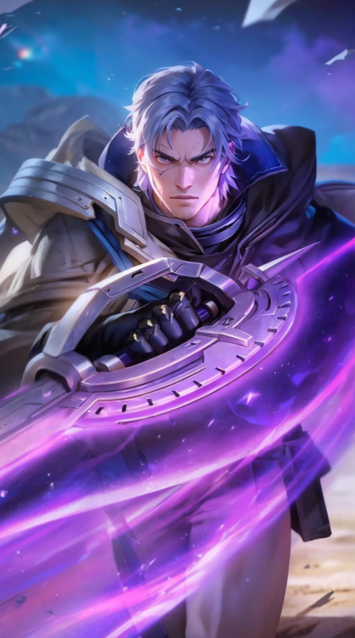 Wakigai is an imposing ninja with an athletic and muscular build.. His face is decorated with battle scars, témoignant de son expérience sur le champ de bataille. Her silver hair is tied into a messy ponytail, ajoutant à son apparence sauvage et impétueuse. He wears elegant samurai armor, complete with a sparkling katana on her belt. 4k , ultra detailed , lighting , lightning , electricity , yellow theme , desert clothes , skiny , man , scene deconcertante , incroyable mouvement , orage , electricity power , nuance de couleur blufante , power of steel , short hair,19 years old boy , katana , epeiste, Beige , maron , jaune , electricity all around his body and sword , desert clothes , Suna style , desert ninja , ninja of Suna from Naruto vibes