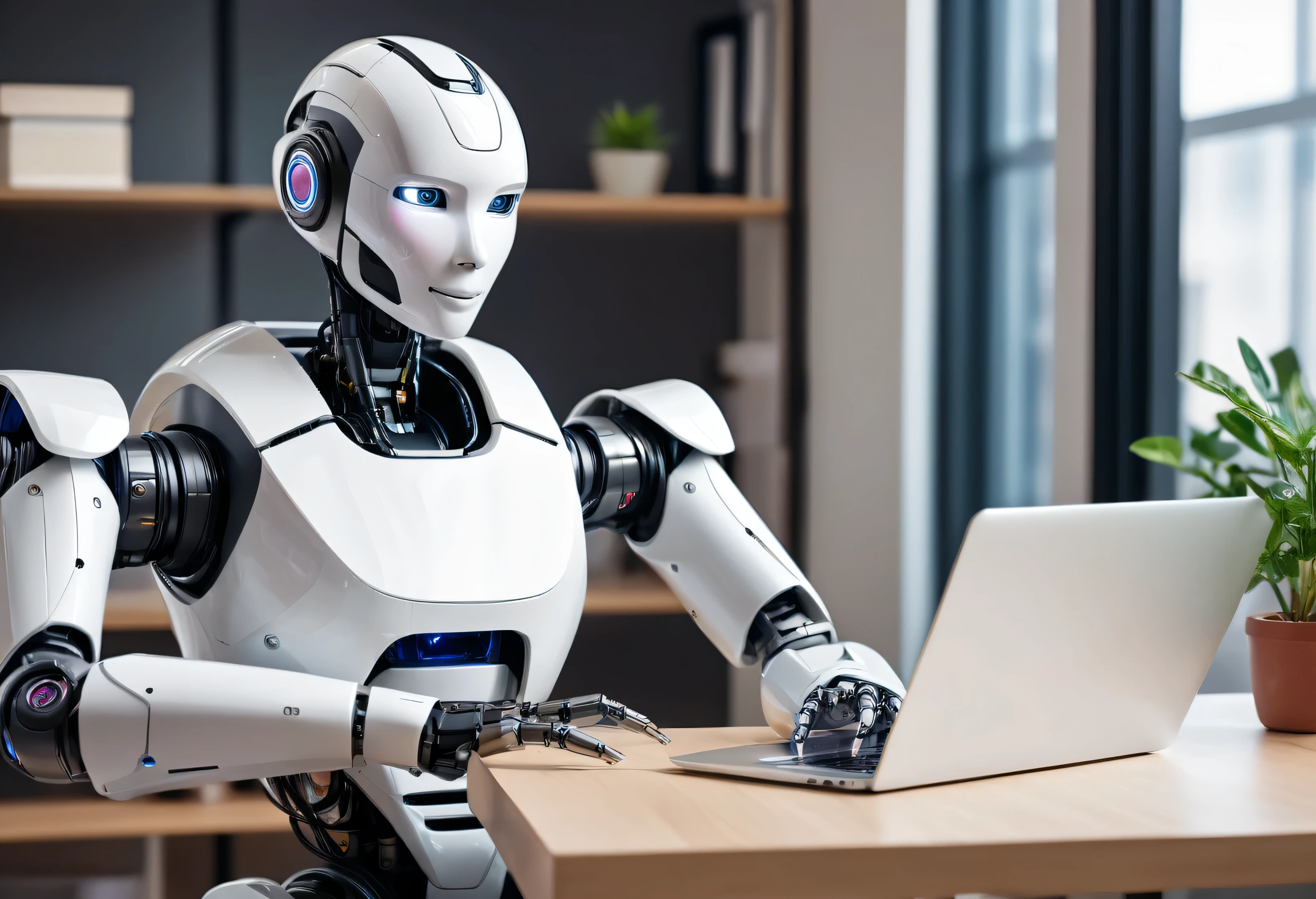 Generate a highly detailed and realistic photo of a humanoid robot working at an office desk with a laptop. The robot should have a sleek, modern design with human-like features, including articulated limbs and a friendly, expressive face. It is seated at a contemporary office desk, typing on a laptop with a sophisticated interface displayed on the screen. The desk is organized with office supplies such as a notepad, pen, coffee mug, and a few documents. The background features a modern office setting with large windows letting in natural light, ergonomic furniture, and a few potted plants. The overall atmosphere is professional and productive, highlighting the seamless integration of advanced robotics into a typical office environment. This photo should be hyper-realistic, showcasing the potential of humanoid robots in the workplace.