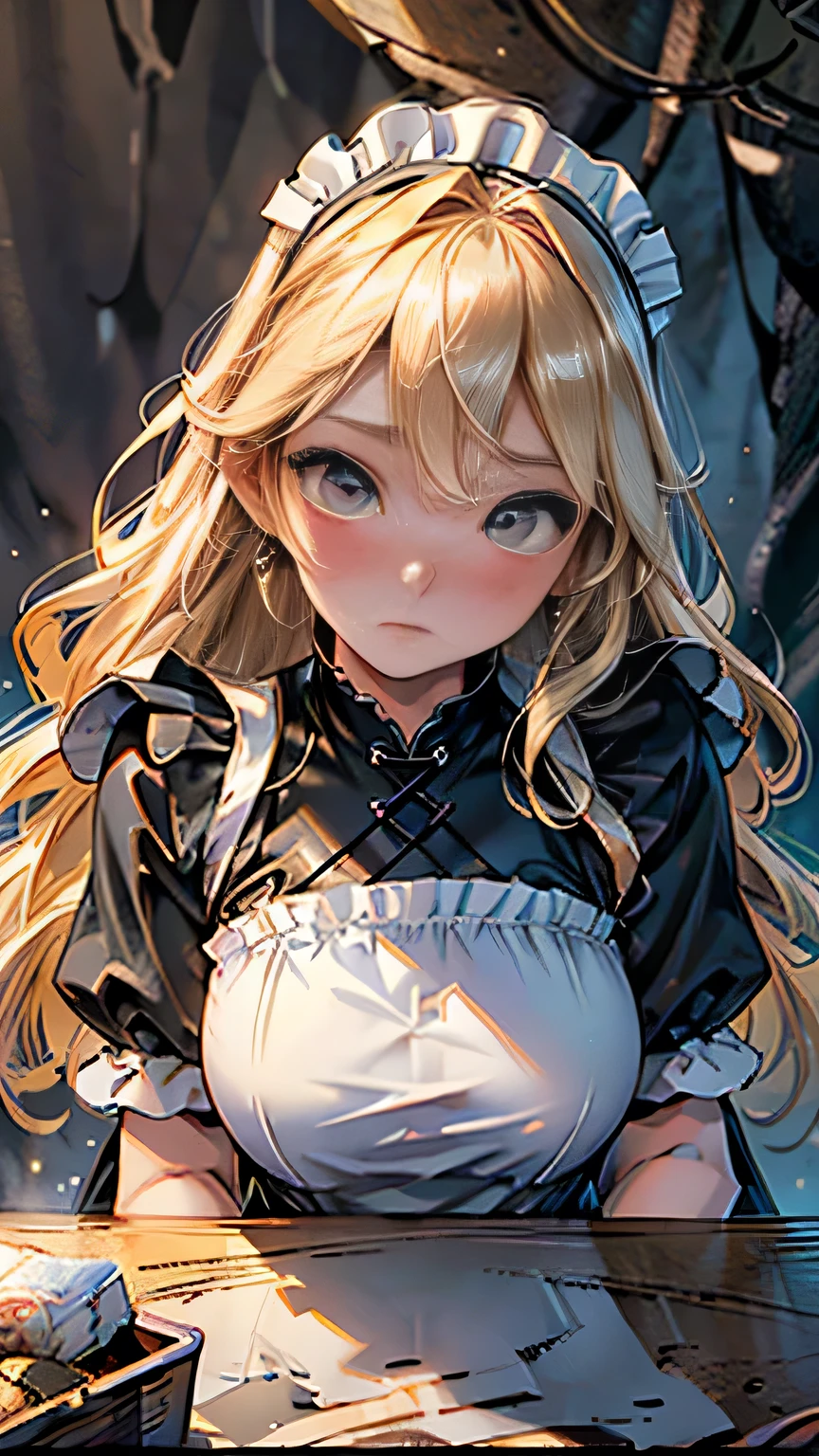 (Surreal), (picture), (High resolution), (In 8K), (Very detailed), (Best Illustration Photos), (Beautiful and fine details), (Highest quality), (Ultra-detailed), (masterpiece), (wallpaper), (Detailed face), solo, One Girl, Blonde Wavy Hair, Korean Beauty,Black Eyes, ((A loose-fitting blue and yellow checked maid outfit)), Long legs, Toned Abs, stockings、((In a dark cave))、(Pause_random)、(Face close-up)