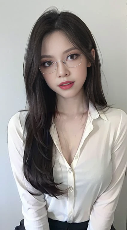 (best quality, masterpiece:1.2), white background, realistic, crew neck, closed-neckline, pants, (business jacket:1.2), (brown hair:1.2), big eyes, beautiful woman, smile, eyelashes, highly detailed face, fierce look, angry look, (long sleeved shirt: 1.2), looks like a naughty celebrity but is a good girl, virgin girl, inexperienced virgin girl, full body