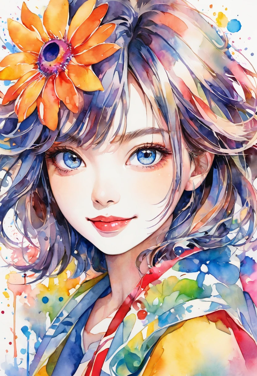 beautiful woman portrait, cute smile, Sylvia Pelissero watercolors, colorful flowers, beautiful eyes,  upper body, abstract art, intense watercolor, watercolor detailed art, watercolor splash, surreal, avant-garde pop art, Beautiful and expressive paintings, Beautiful artwork illustration, very colorful tones, wonderful, cool beauty, highest quality, official art, women only, sharp outline, best shot, vector art, lips in love、 (((The strongest beautiful women of all time))), (((Japanese)))、clear, (((highest quality))), lips in love, HDR, ((Detailed details)), stylish fashion, detailed clothing texture, (((graffiti art))), colorful hair, ((masterpiece))、((Super detailed))