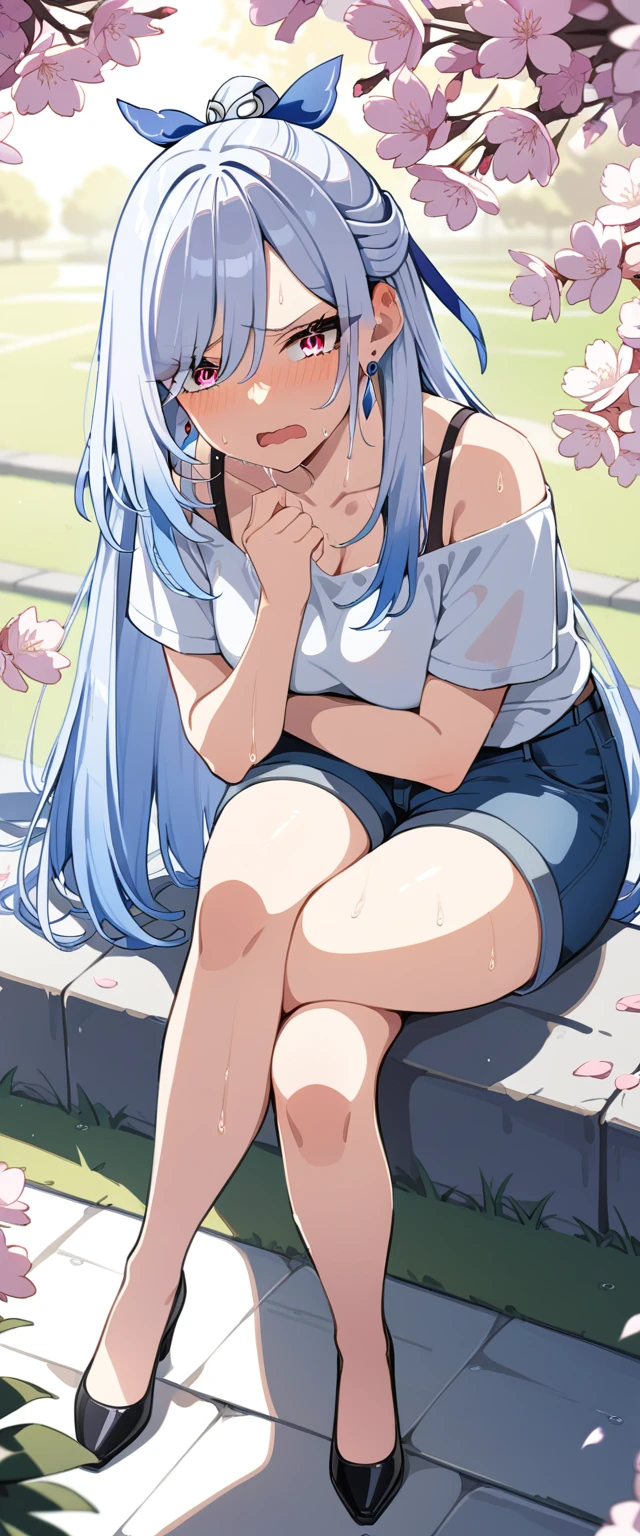 (masterpiece:1.37), best quality, (extremely detailed:1.37), (1girl:1.5), woman, (mature:1.5), (adult:1.5), jingliu, white hair, long hair, ponytail, hair ribbon, red eyes, earrings, jewelry, jeans, (extremely detailed eyes:1.37), (wetting self:2.0), desperation, (standing:1.5), embarrassed, humiliation, blushing, angry, cherry blossoms, garden, (golden hour:1.5), full body, (crossing legs:1.5), from above