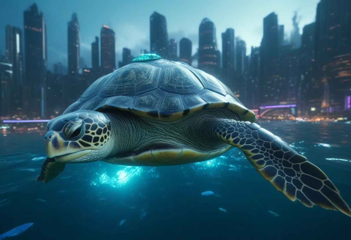 a huge turtle swimming in the ocean, futuristic city built on top of the turtle's shell, vibrant colors, anime style, detailed, 4k, masterpiece, photorealistic, dynamic lighting, cinematic composition, dramatic angles, glowing cyberpunk architecture, alien technology, bioluminescent sea creatures, shimmering waves, breathtaking scale, intricate details, hyperrealistic textures, mesmerizing color palette