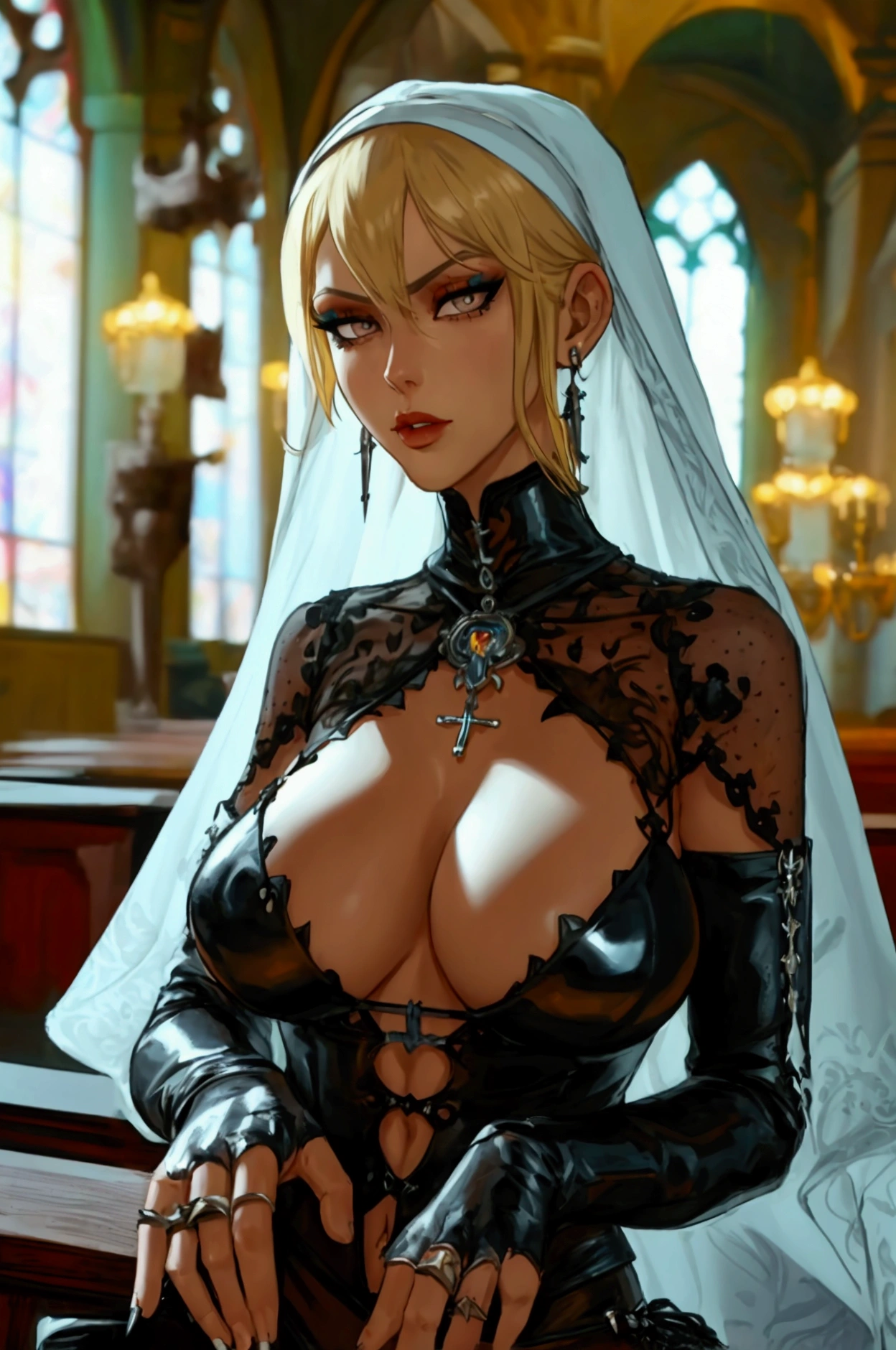 Very tall, slim milf; nun; blonde hairs and incredible long ponytail; strong goth makeup; brown eyes; small firm,pointy breast; sensual midriff; wearing jewelery, necklace, earrings, transparent black bikini top, short leather jacket, visible fancy figa thong strings; gloves, rings, church, best quality, expressive eyes, perfect face, masterpiece, slim body, very long legs, detailed stomach, detailed hips, detailed legs, carefully drawn toes, carefully drawn feet, carefully drawn hands, best quality, drawn with careful, Dynamic Angle, Highly detailed, seductive eyes