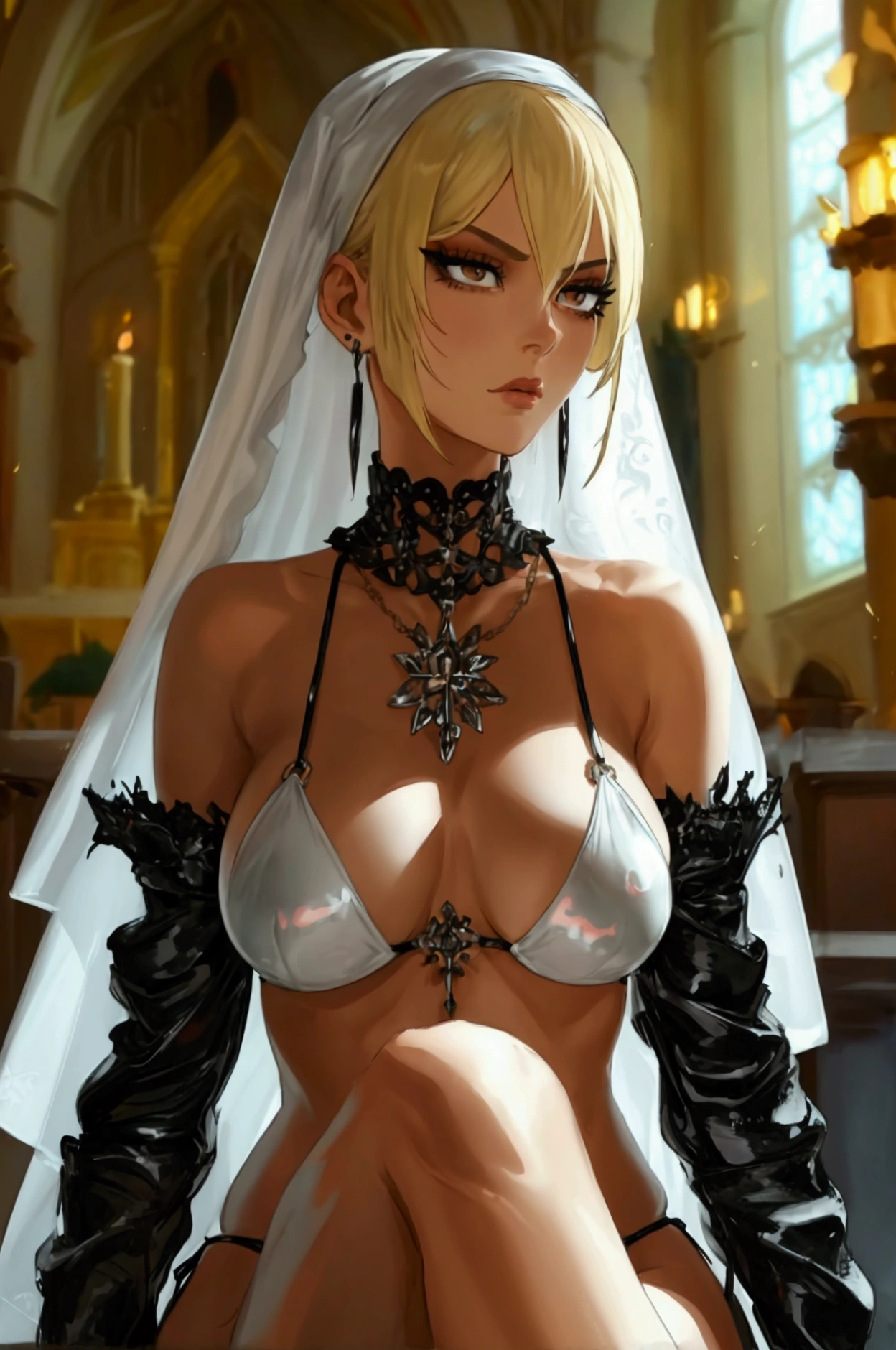 Very tall, slim milf; nun; blonde hairs and incredible long ponytail; strong goth makeup; brown eyes; small firm,pointy breast; sensual midriff; wearing jewelery, necklace, earrings, transparent black bikini top, short leather jacket, visible fancy figa thong strings; gloves, rings, church, best quality, expressive eyes, perfect face, masterpiece, slim body, very long legs, detailed stomach, detailed hips, detailed legs, carefully drawn toes, carefully drawn feet, carefully drawn hands, best quality, drawn with careful, Dynamic Angle, Highly detailed, seductive eyes