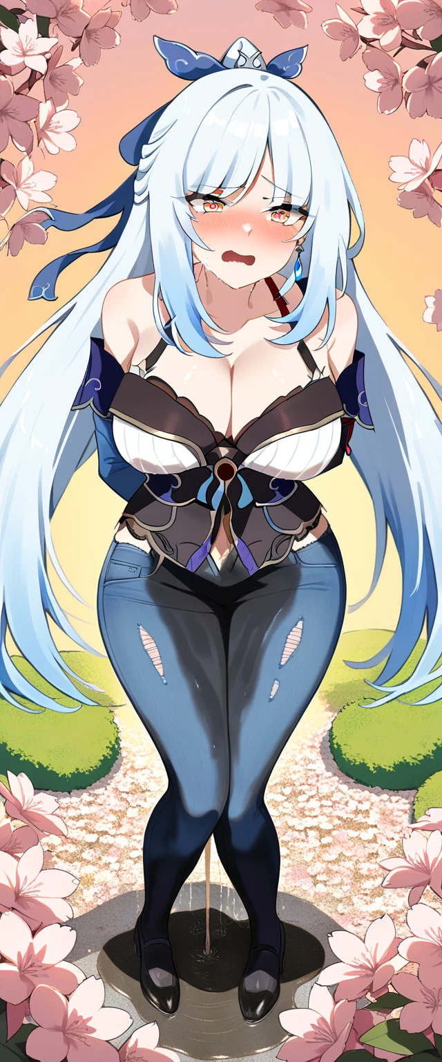 (masterpiece:1.37), best quality, (extremely detailed:1.37), (1girl:1.5), woman, (mature:1.5), (adult:1.5), jingliu, white hair, long hair, ponytail, hair ribbon, red eyes, earrings, jewelry, jeans, (extremely detailed eyes:1.37), (wetting self:2.0), desperation, (standing:1.5), embarrassed, humiliation, blushing, angry, cherry blossoms, garden, (golden hour:1.5), full body, (crossing legs:1.5), from above