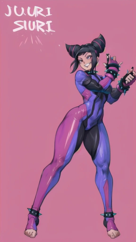 Full body image of Juri Han from Street Fighter 5, wearing her original outfit (black and purple bodysuit with spiked accents, barefoot with taped feet, and arm guards), short black hair styled in twin buns, female body, athletic and flexible body, dynamic pose, detailed pose, simple background, expressive face showing a mischievous grin, focus on face, line art, sketch
