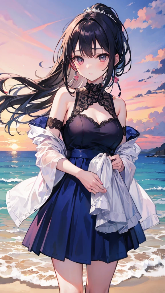 An 18-year-old girl with long black hair in a ponytail, wearing a deep blue dress with red lipstick, standing on a beach with a vivid sunset of orange and pink hues, in the highest quality and detail.