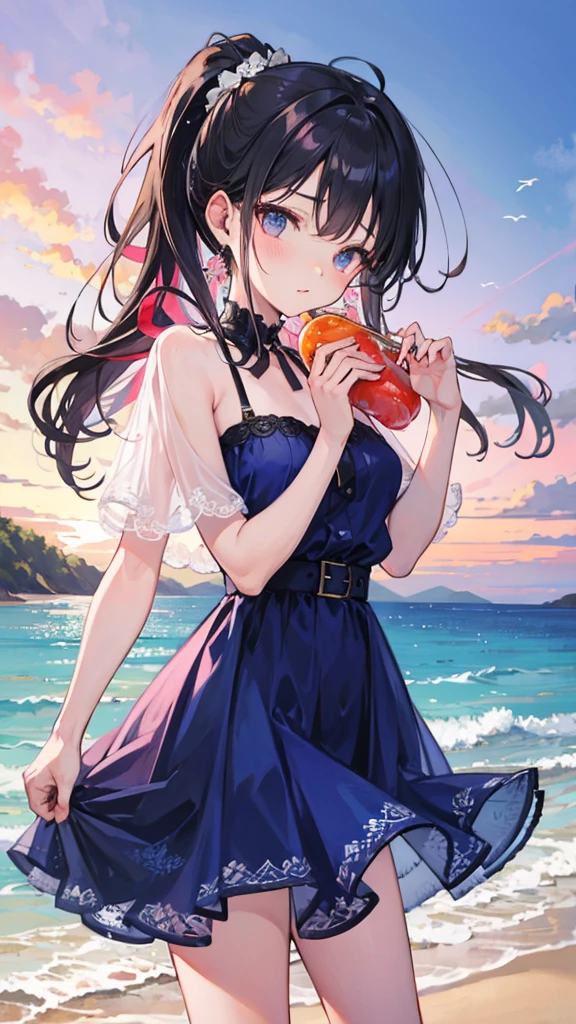 An 18-year-old girl with long black hair in a ponytail, wearing a deep blue dress with red lipstick, standing on a beach with a vivid sunset of orange and pink hues, in the highest quality and detail.