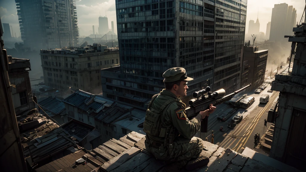 Sniper aiming at dictator with sniper rifle、From the roof of the building、night、Dramatic lighting、Cinematic composition、Very detailed、Photorealistic、8k、Chiaroscuro Lighting、Dramatic Shadows、strongな表情、strongな視線、strongな感情、Strong presence、Intimidating、Authoritative、commanding、political leader、uniform、Military insignia、Military hat、Military equipment、Military background、Military Settings、Dystopia、Cool coloroody、Cinematic、Rough、strong、Winning Hearts and Minds、Enchanting