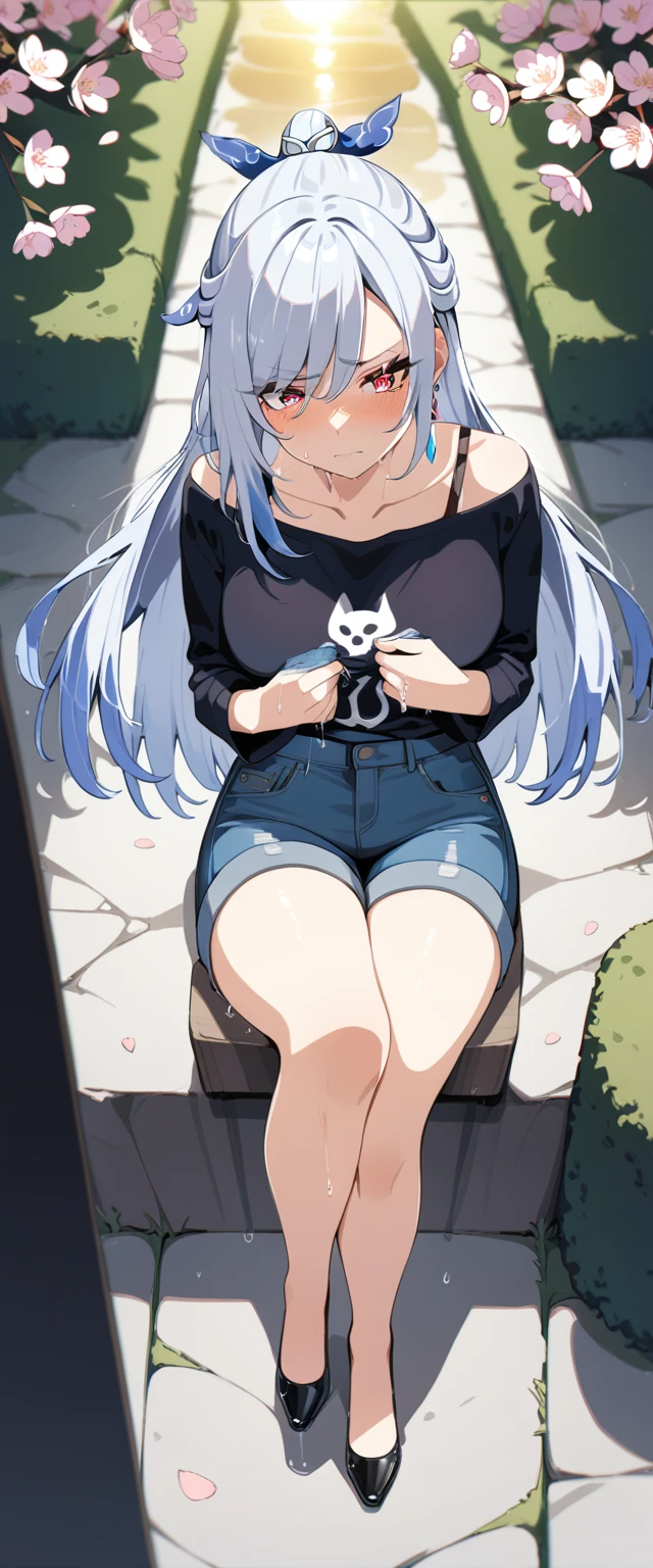 (masterpiece:1.37), best quality, (extremely detailed:1.37), (1girl:1.5), woman, (mature:1.5), (adult:1.5), jingliu, white hair, long hair, ponytail, hair ribbon, red eyes, earrings, jewelry, jeans, (extremely detailed eyes:1.37), (wetting self:2.0), desperation, (standing:1.5), embarrassed, humiliation, blushing, angry, cherry blossoms, garden, (golden hour:1.5), full body, (crossing legs:1.5), from above