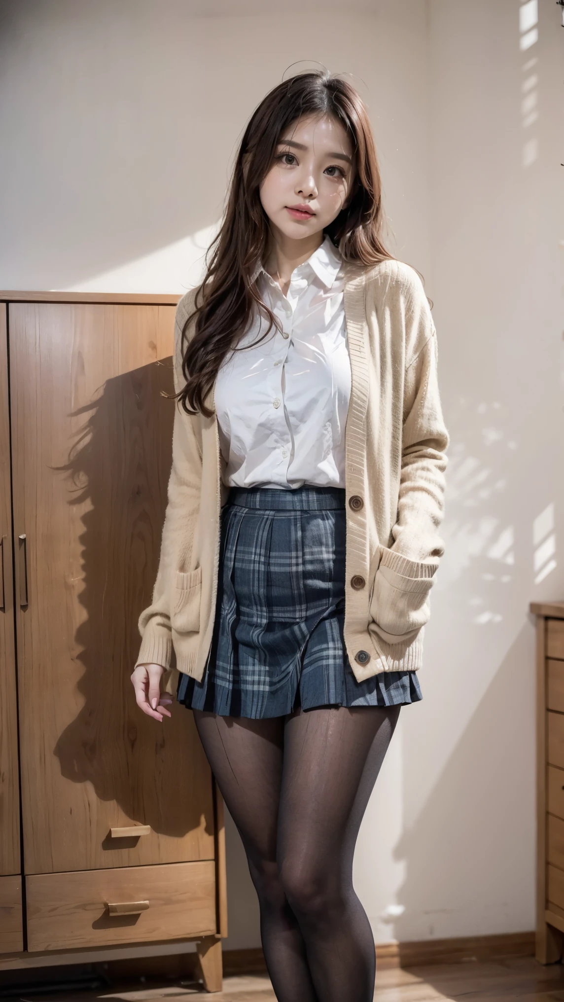 (((8k、High resolution、Highest quality、High resolution)))alone、Natural body shape、White skin、Natural Makeup、((Black Hair、bangs、Straight Long Hair))、(((((skirt lift)))))、、(:1.4)、((Detailed Panty Pattern、Panty Focus))、(((((Full body photo)))))、(((Looking into the camera)))、(((Wear a uniform on the upper body)))、Bedroom、(((Of high school))) 、((white collared long sleeve blouse))、((Beige cardigan))、((Pleated skirt with dark blue plaid pattern、mini skirt、Ultra-realistic pantyhose))、、、Expressionless、((Exposing thighs))