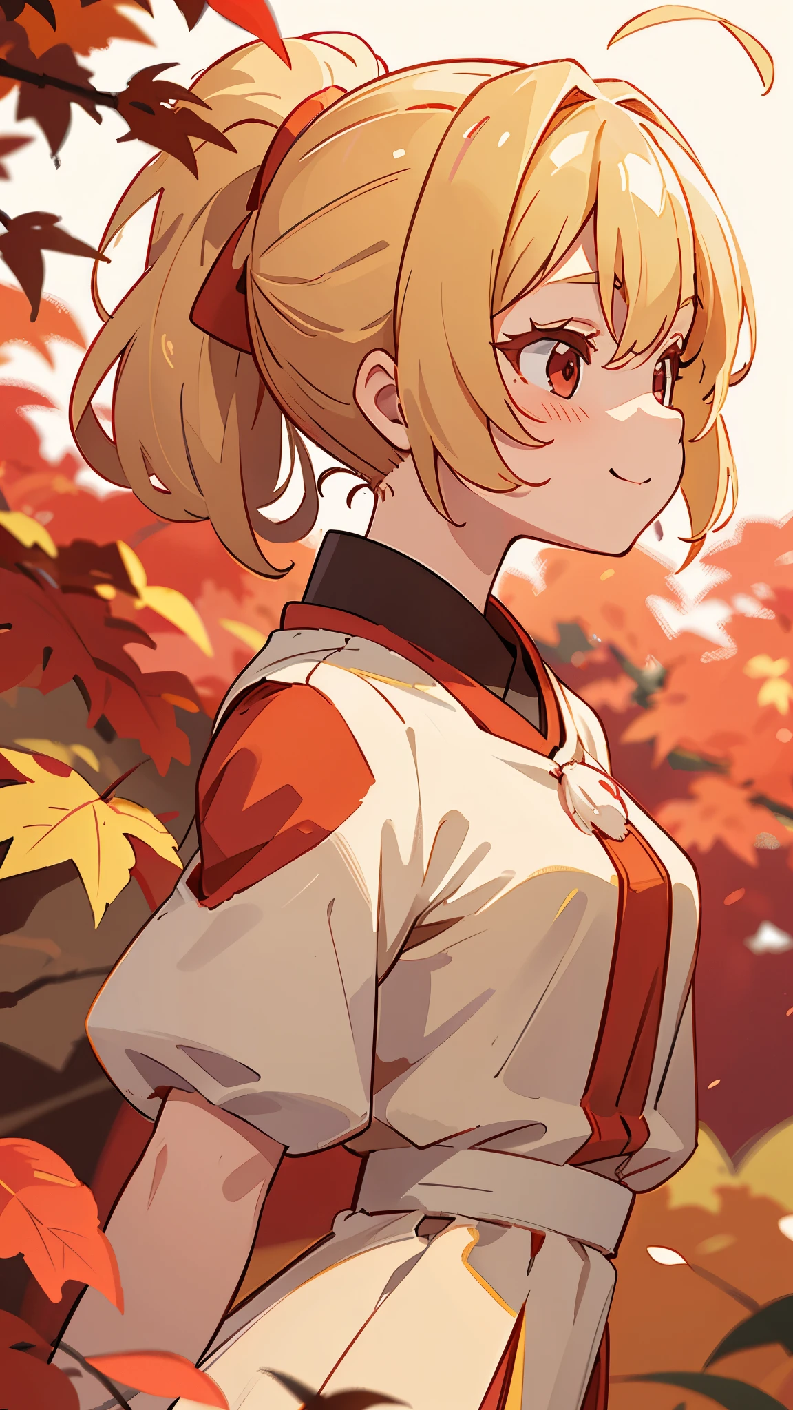1girl、blonde、ponytail、Round red eyes、Ahoge、red blouse shirt、smile、profile、Face close-up、Perfect lighting、Autumnal leaves々、Momiji Park、Background Blur, Written boundary depth