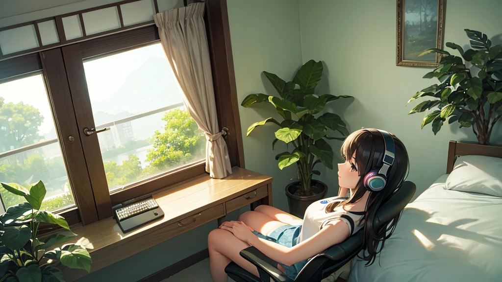 A beautiful girl using a computer while listening to music with headphones in her room　alone　Warm lighting　Foliage plant　Room with a window　　Japanese anime style　Ghibli　profile