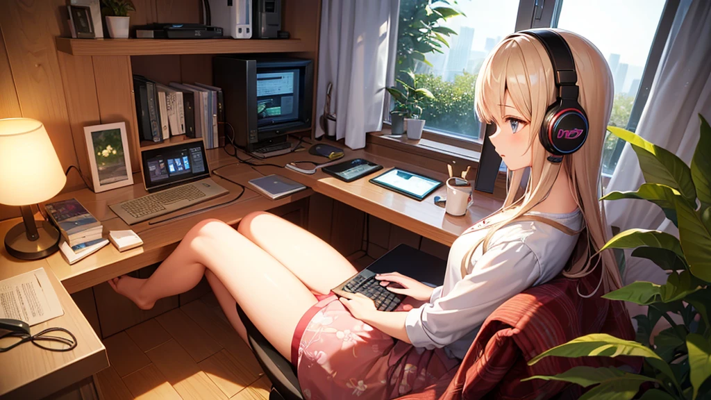 A beautiful girl using a computer while listening to music with headphones in her room alone Warm lighting Foliage plant Room with a window Japanese anime style Ghibli profile