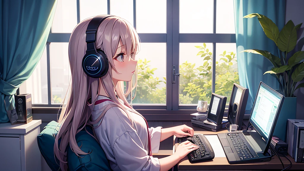 A beautiful girl using a computer while listening to music with headphones in her room alone Warm lighting Foliage plant Room with a window Japanese anime style Ghibli profile