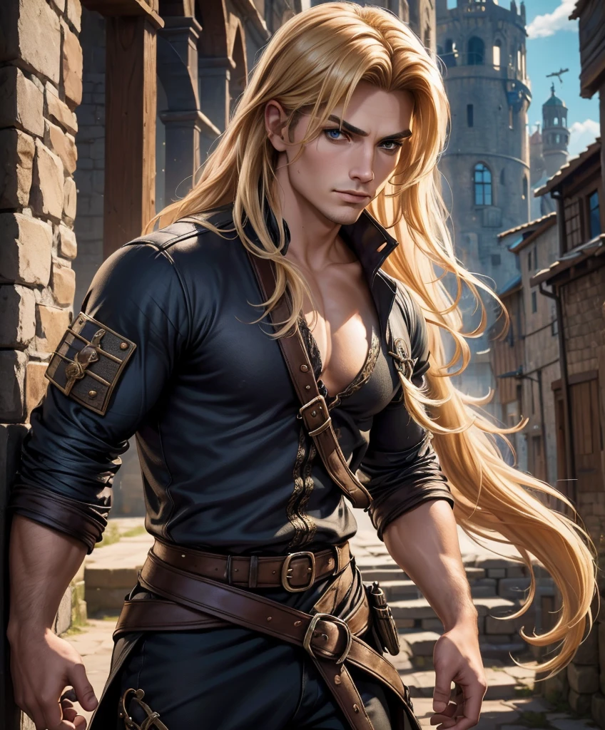 score_9, score_8_up, score_8,  (((Single character image.))) (((1boy))) (((Dressed in medieval fantasy attire.)))     (((This character is very sexy and dashing.))) Generate a daring, thrilling swashbuckler with a charm and style that is irresistible.  (((Sexy long blond hair.))) This is a character designed for a swashbuckler setting, near an exciting port town inhabited by dangerous thugs and other criminals.  He should be dashing, attractive and a charming and daring adventurer.  He wears stylish swashbuckler fashion with dark hair, dark features and a muscular build. ((bulgeJ8)) (((Background of the image is the medieval style port town.))) (masterpiece, top quality, best quality, official art, beautiful and aesthetic:1.2), extreme detailed,  colorful, highest detailed,  best quality:1.0,hyperealistic:1.0,photorealistic:1.0,madly detailed CG unity 8k wallpaper:1.0,masterpiece:1.3,madly detailed photo:1.2, hyper-realistic lifelike texture:1.4, picture-perfect:1.0,8k, HQ,best quality:1.0, 