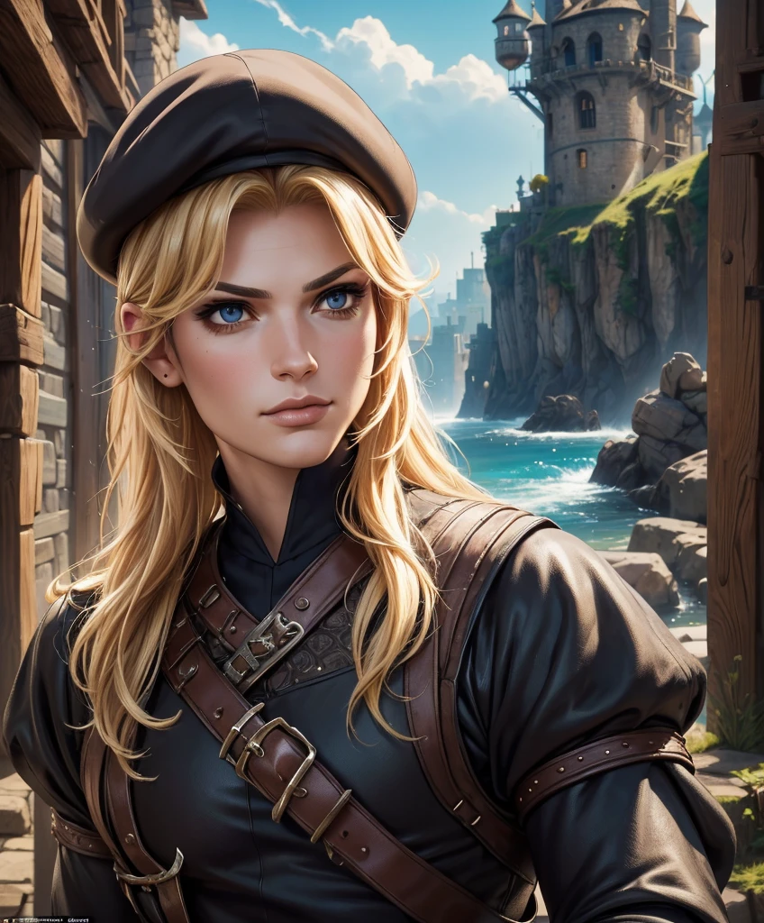 score_9, score_8_up, score_8,  (((Single character image.))) (((1boy))) (((Dressed in medieval fantasy attire.)))     (((This character is very sexy and dashing.))) Generate a daring, thrilling swashbuckler with a charm and style that is irresistible.  (((Sexy long blond hair.))) This is a character designed for a swashbuckler setting, near an exciting port town inhabited by dangerous thugs and other criminals.  He should be dashing, attractive and a charming and daring adventurer.  He wears stylish swashbuckler fashion with dark hair, dark features and a muscular build. ((bulgeJ8)) (((Background of the image is the medieval style port town.))) (masterpiece, top quality, best quality, official art, beautiful and aesthetic:1.2), extreme detailed,  colorful, highest detailed,  best quality:1.0,hyperealistic:1.0,photorealistic:1.0,madly detailed CG unity 8k wallpaper:1.0,masterpiece:1.3,madly detailed photo:1.2, hyper-realistic lifelike texture:1.4, picture-perfect:1.0,8k, HQ,best quality:1.0, 