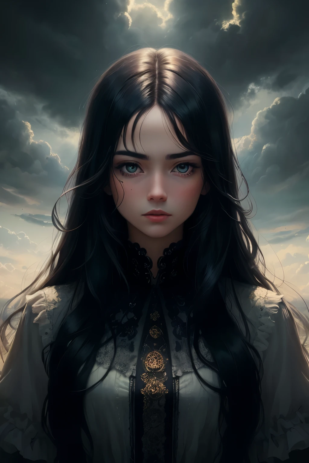 ((best quality)), ((masterpiece)), (detailed), A digital illustration of a long black haired girl below the dark black clouds and surrounded by dark, negative mystical energy