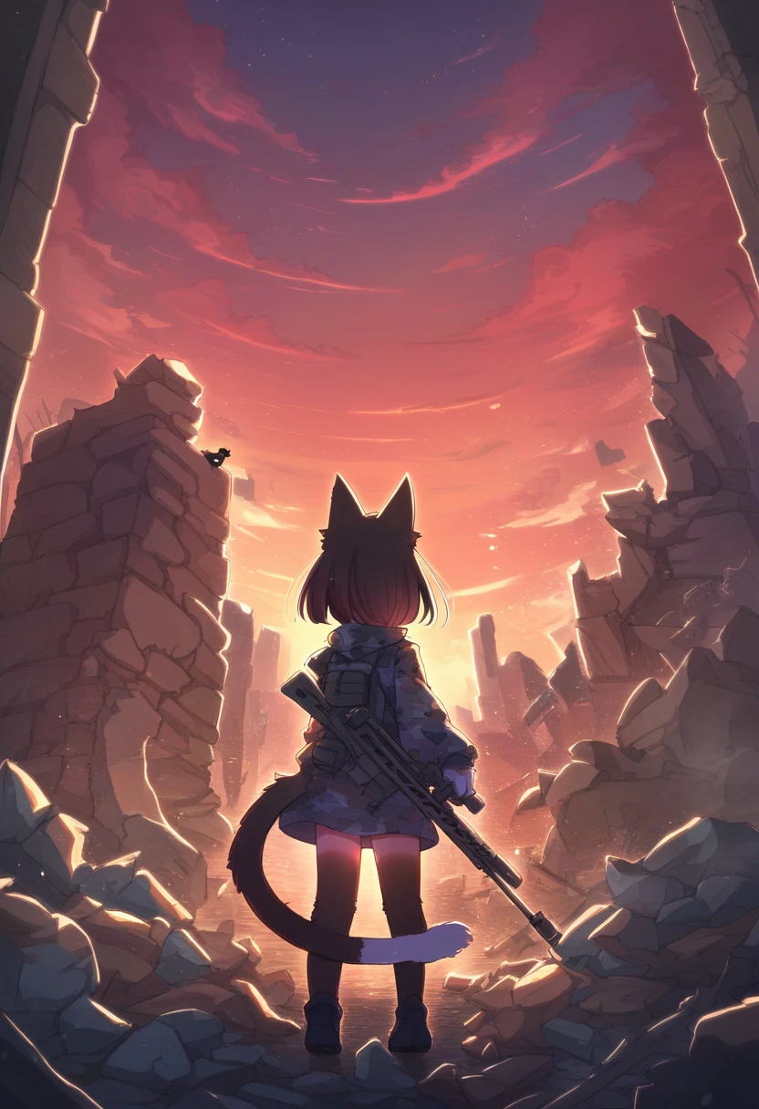 ((Masterpiece)), ((Best Quality)), (Very Detailed), ((Very Detailed)), 4K, (8K), very aesthetic, absurdres highres, 1 girl, (anthropomorphic cat, furry, kemono:1.8), Sniper in the ruins of the battlefield at sunset. Wearing camouflage clothing, he holds a sniper rifle and takes aim through the rubble. In the background, a red sky and silhouettes of ruins spread out, creating a sense of tension.