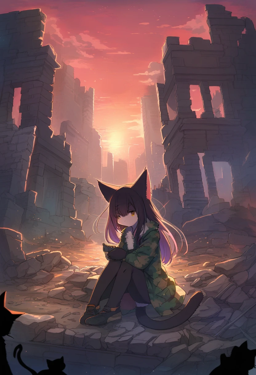 ((Masterpiece)), ((Best Quality)), (Very Detailed), ((Very Detailed)), 4K, (8K), very aesthetic, absurdres highres, 1 girl, (anthropomorphic cat, furry, kemono:1.8), Sniper in the ruins of the battlefield at sunset. Wearing camouflage clothing, he holds a sniper rifle and takes aim through the rubble. In the background, a red sky and silhouettes of ruins spread out, creating a sense of tension.