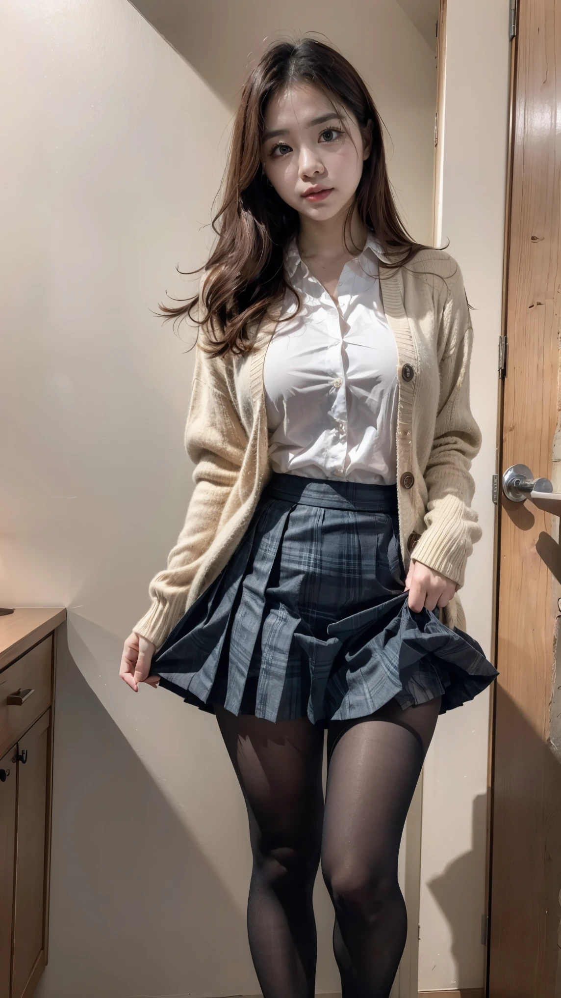 (((8k、High resolution、Highest quality、High resolution)))alone、Natural body shape、White skin、Natural Makeup、((Black Hair、bangs、Straight Long Hair))、(((((skirt lift)))))、、(:1.4)、((Detailed Panty Pattern、Panty Focus))、(((((Full body photo)))))、(((Looking into the camera)))、(((Wear a uniform on the upper body)))、Bedroom、(((Of high school))) 、((white collared long sleeve blouse))、((Beige cardigan))、((Pleated skirt with dark blue plaid pattern、mini skirt、Ultra-realistic pantyhose))、、、Expressionless、((Exposing thighs))