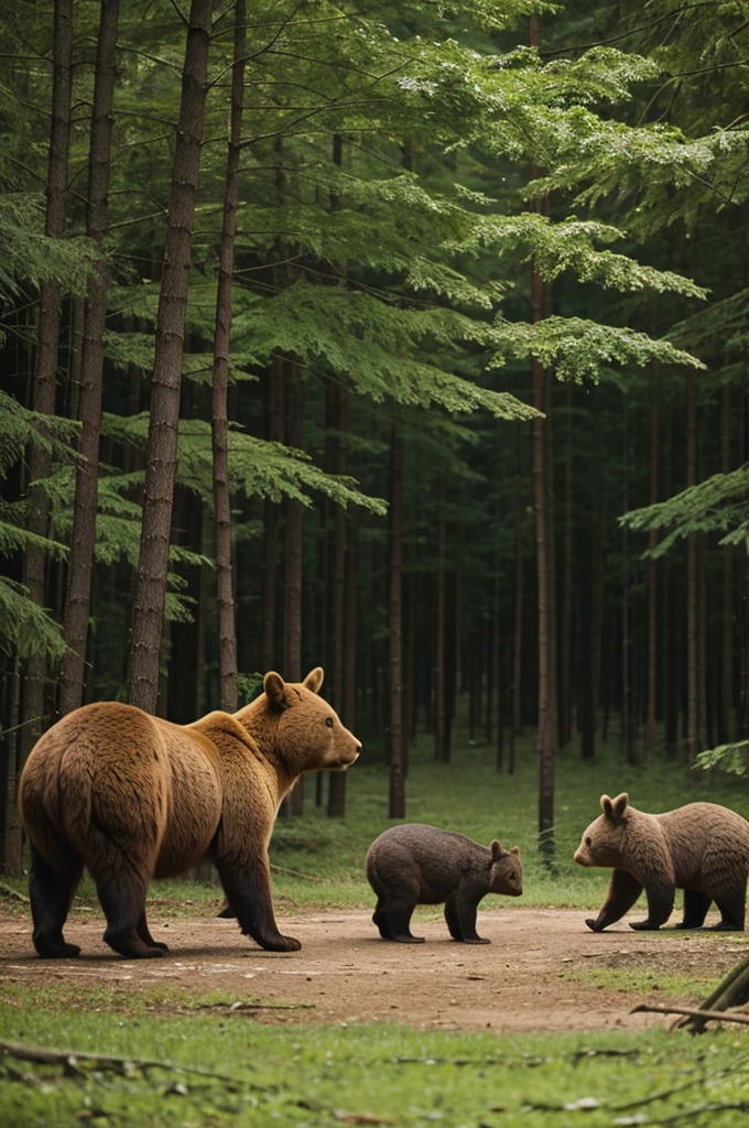 A forest has 2 rabbits and a bear