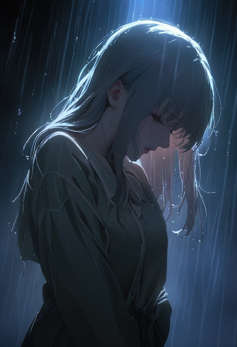 there is a woman that is standing in the rain with her head down, 8K film still image, Movie stills 8k, 8k Sensual Lighting, Wet Hair, Unreal Engine. Movie stills, rain!!!!, 4k movie still, 4k movie still, beautiful Cinema Lighting, pretty girl standing in the rain, beautiful, Cinema Lighting, Soaking wet, rain drops on face, open mouth ,