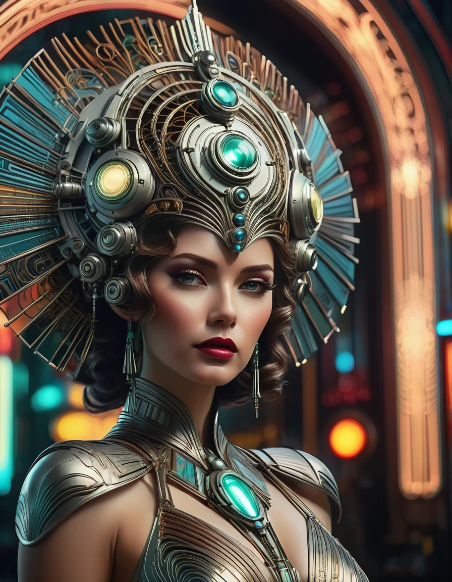 a beautiful busty art deco space woman, elegant futuristic dress, intricate mechanical details, elaborate headdress, glowing cyberpunk neon lights, cinematic dramatic lighting, highly detailed, photorealistic, 8k, hyper detailed, masterpiece, intricate patterns, muted color palette, chiaroscuro lighting