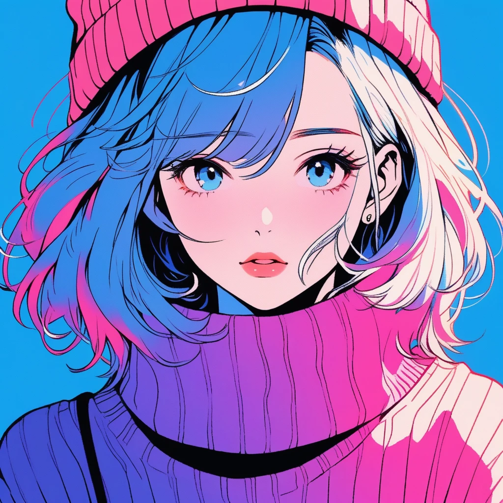 Illustrator, Anime , Realistic ,sketch , 1girl in, ,lip, Sweaters,order, Blue gradient background, Neon Hair,textured crop, Canadian, (masutepiece,Best Quality)
