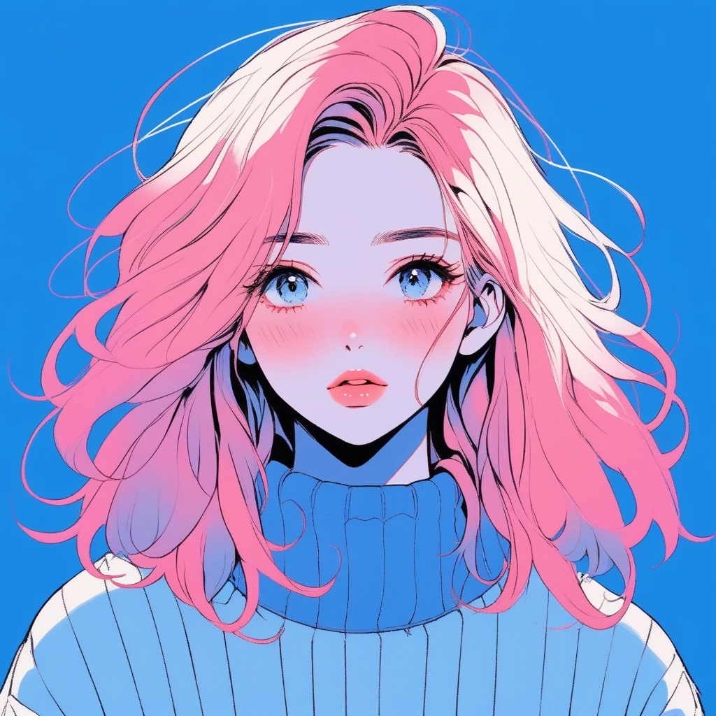 Illustrator, Anime , Realistic ,sketch , 1girl in, ,lip, Sweaters,order, Blue gradient background, Neon Hair,textured crop, Canadian, (masutepiece,Best Quality)