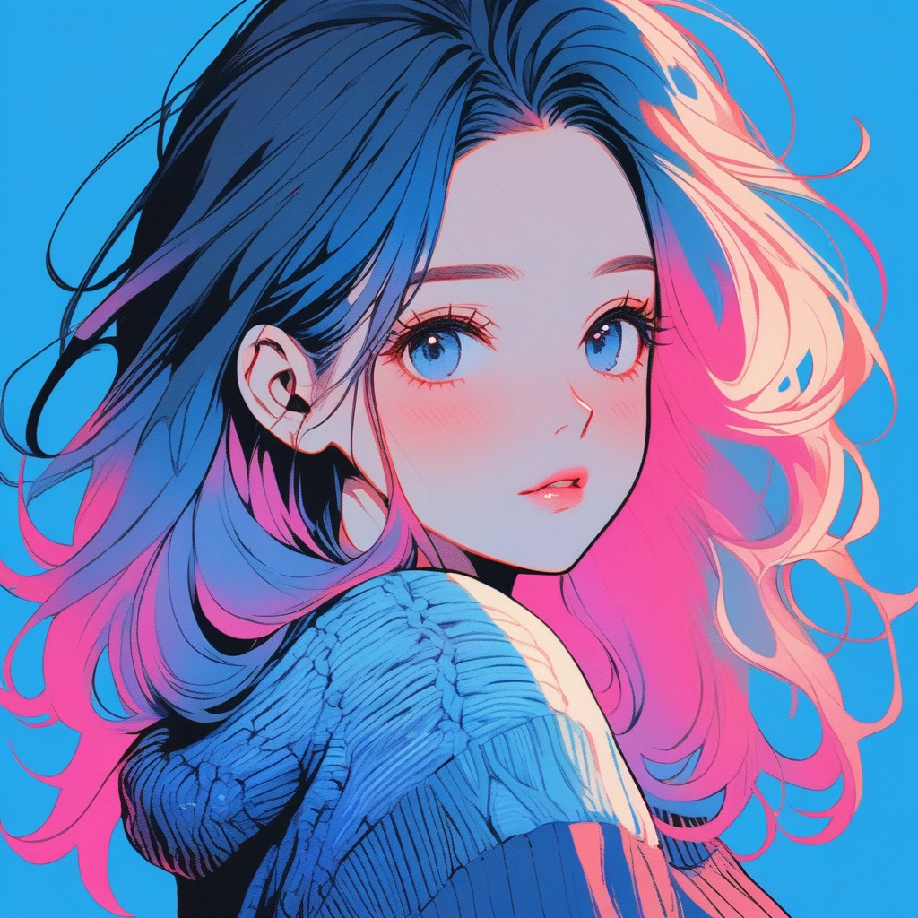 Illustrator, Anime , Realistic ,sketch , 1girl in, ,lip, Sweaters,order, Blue gradient background, Neon Hair,textured crop, Canadian, (masutepiece,Best Quality)