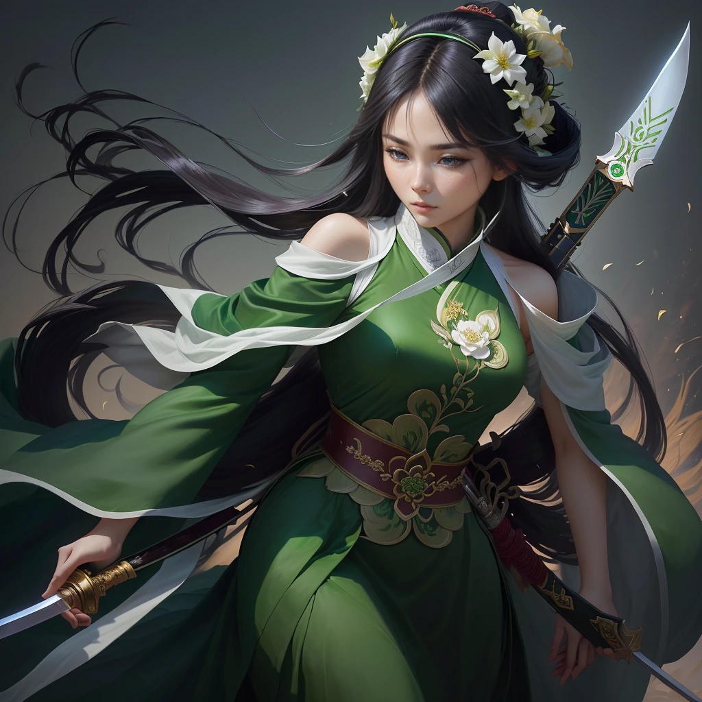 a woman in a green dress holding a sword and a flower, inspired by Li Mei-shu, inspired by Shen Zhou, inspired by Wu Li, inspired by Wu Zuoren, yun ling, inspired by Ju Lian, inspired by Li Tang, full body xianxia, inspired by Qiu Ying, inspired by Lan Ying, xianxia hero