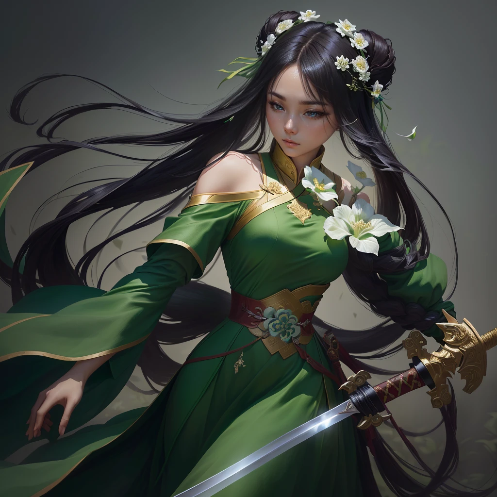 a woman in a green dress holding a sword and a flower, inspired by Li Mei-shu, inspired by Shen Zhou, inspired by Wu Li, inspired by Wu Zuoren, yun ling, inspired by Ju Lian, inspired by Li Tang, full body xianxia, inspired by Qiu Ying, inspired by Lan Ying, xianxia hero