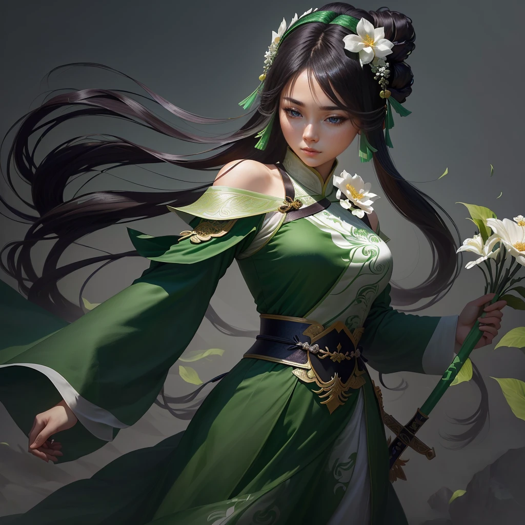 a woman in a green dress holding a sword and a flower, inspired by Li Mei-shu, inspired by Shen Zhou, inspired by Wu Li, inspired by Wu Zuoren, yun ling, inspired by Ju Lian, inspired by Li Tang, full body xianxia, inspired by Qiu Ying, inspired by Lan Ying, xianxia hero