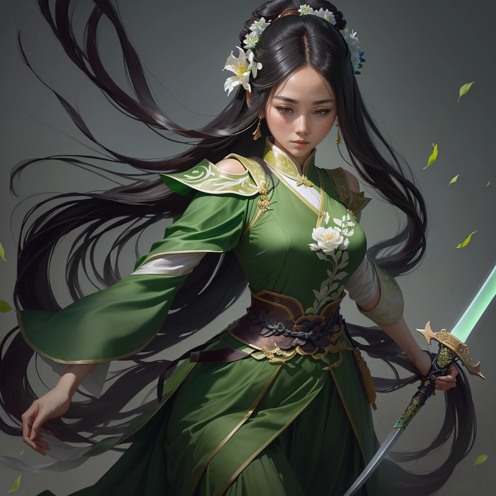 a woman in a green dress holding a sword and a flower, inspired by Li Mei-shu, inspired by Shen Zhou, inspired by Wu Li, inspired by Wu Zuoren, yun ling, inspired by Ju Lian, inspired by Li Tang, full body xianxia, inspired by Qiu Ying, inspired by Lan Ying, xianxia hero