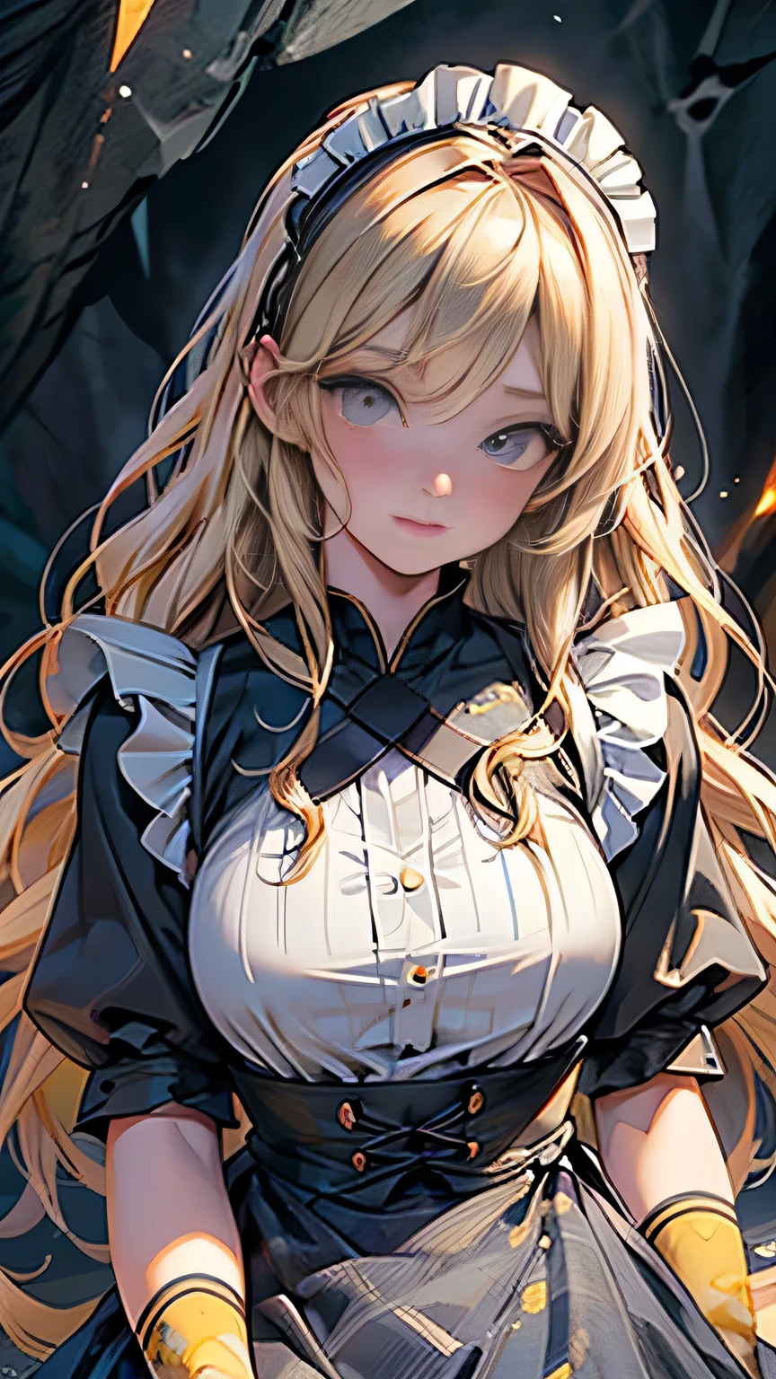 (Surreal), (picture), (High resolution), (In 8K), (Very detailed), (Best Illustration Photos), (Beautiful and fine details), (Highest quality), (Ultra-detailed), (masterpiece), (wallpaper), (Detailed face), solo, One Girl, Blonde Wavy Hair, Korean Beauty,Black Eyes, ((A loose-fitting blue and yellow checked maid outfit)), Long legs, Toned Abs, stockings、((In a dark cave))、(Pause＿random)､(Face close-up)