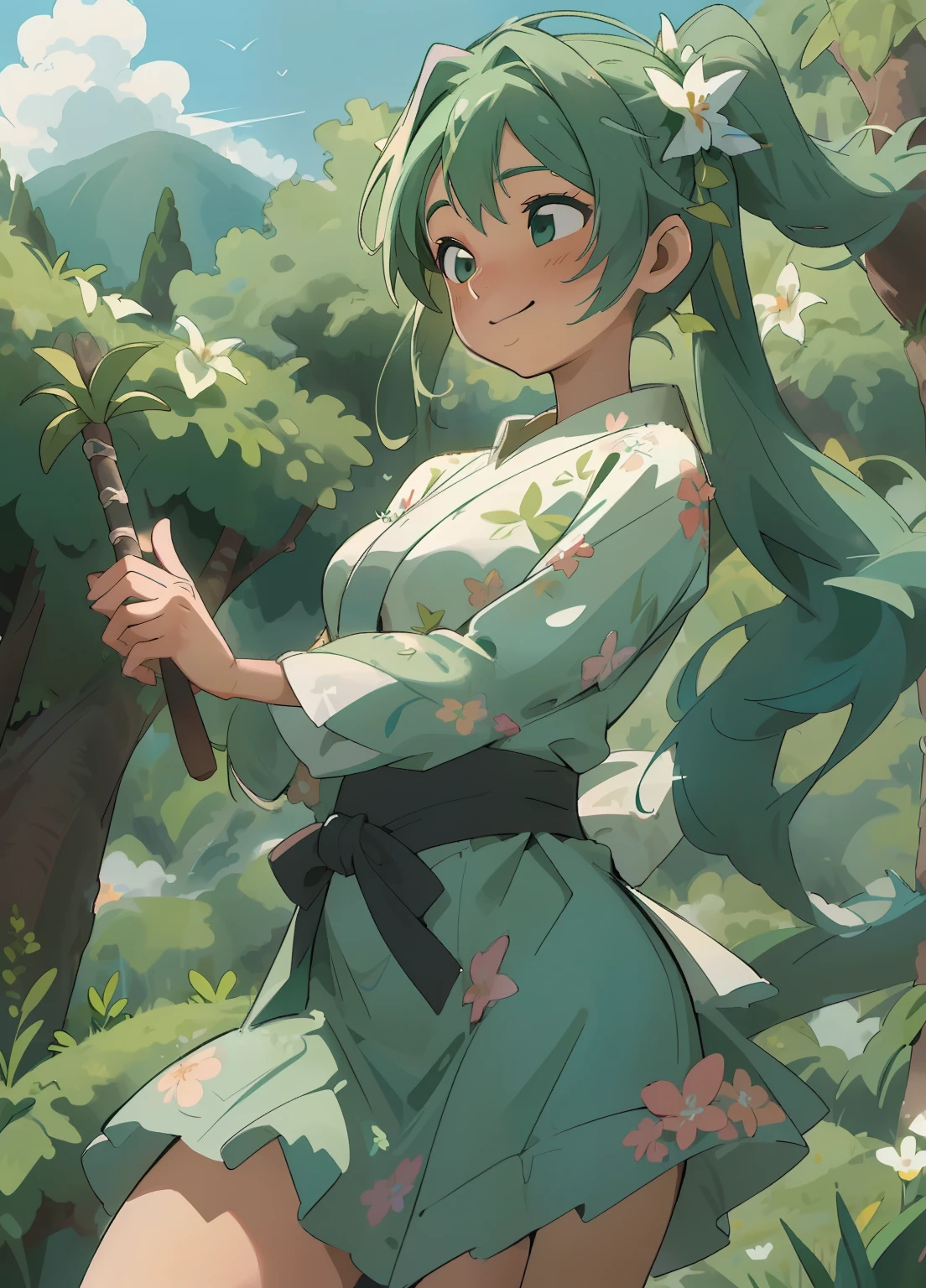 (masterpiece、Highest quality、Highest quality、Official Art、Beautiful and beautiful:1.2)、(One girl:1.3)Hatsune Miku、Twin tails,Beautiful breasts,masterpiece、Ultra-detailed、Intricate details、Realistic texture、Concave and Convex of the Human Body、Realistic details、Highest quality、Surrealist works、Women are detailed and realistic、The cutting edge of graphic art、On Kauai there are women who perform traditional dances.。She wears a floral garland and a robe of grass.、He has a bouquet in his hand。Her face looked bright and happy..、The dance movements are graceful and beautiful.。She dances as if celebrating the nature and culture of Kauai.。 Graphic art background、You can see Mount Waialeale。The summit is covered in thick clouds.、There is a mysterious atmosphere。The mountainside features lush vegetation and waterfalls.。Pure、There is a rainbow in the sky.、Other names for Kauai「Garden Island」It represents the abundance of nature。
